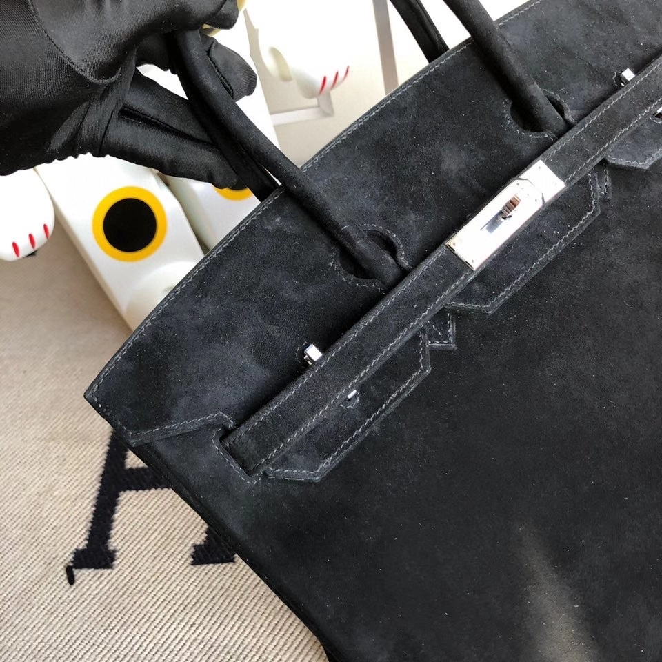 Hermès(爱马仕)Birkin 35cm 麂皮 ck89黑色noir 银扣 顶级手缝-拉尔森鳄鱼皮具定制 - 爱马仕包包官网 Hermès(爱马仕)Birkin 35cm 麂皮 ck89黑色noir 银扣 顶级手缝