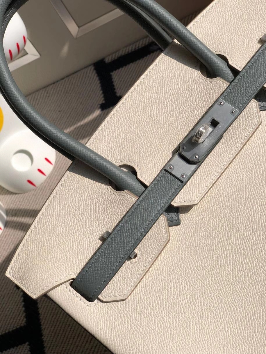 Hermès（爱马仕）Birkin 30cm Epsom 原厂掌纹皮 ck10 奶昔白Craie 拼 cc63 杏绿色 拉丝银扣 马蹄印 顶级手缝