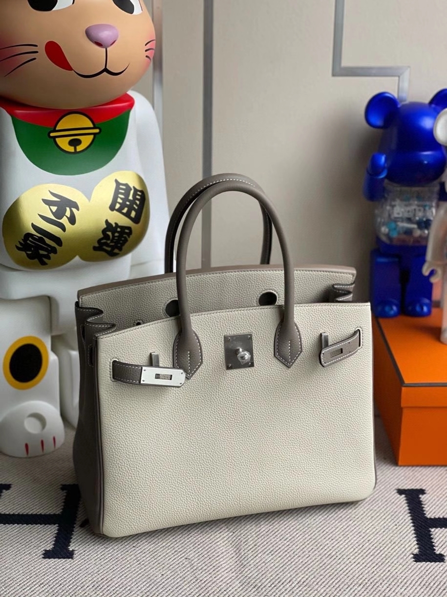 Hermès（爱马仕）Birkin 30cm 原厂小牛皮 ck10 奶昔白拼大象灰 拉丝银扣  马蹄印 顶级手缝