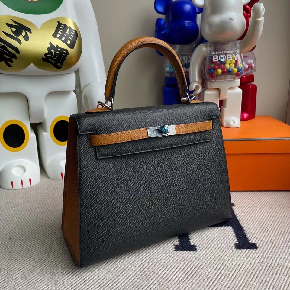 Hermès（爱马仕）kelly 25cm Epsom 原厂掌纹皮  ck89 黑色拼 1H 太妃色 银扣 马蹄印 顶级手缝  现货