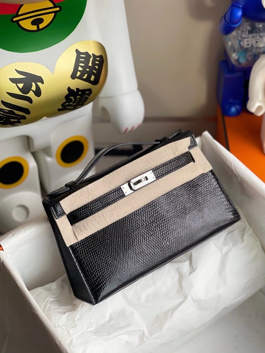 Hermès（爱马仕）Mini kelly pochette 22cm Lizard 进口亮面蜥蜴 ck89 黑色 Noir 银扣 晚宴包