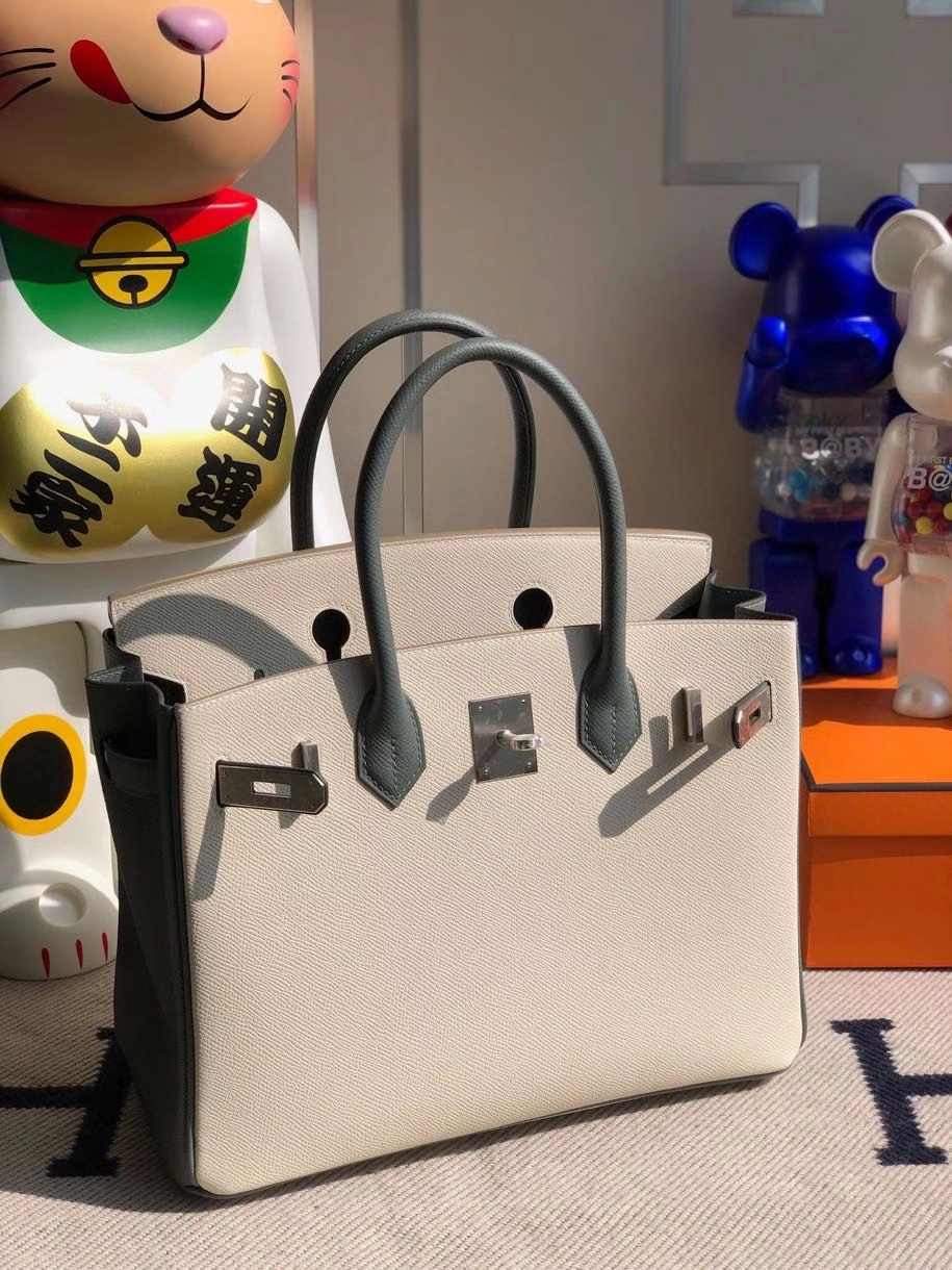 Hermès（爱马仕）Birkin 30cm Epsom 原厂掌纹皮 ck10 奶昔白Craie 拼 cc63 杏绿色 拉丝银扣 马蹄印 顶级手缝