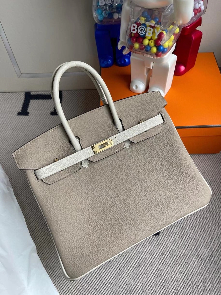 Hermès（爱马仕）Birkin 25cm 原厂小牛皮 togo ck81 斑鸠灰拼ck10 奶昔白 金扣 马蹄印 顶级手缝