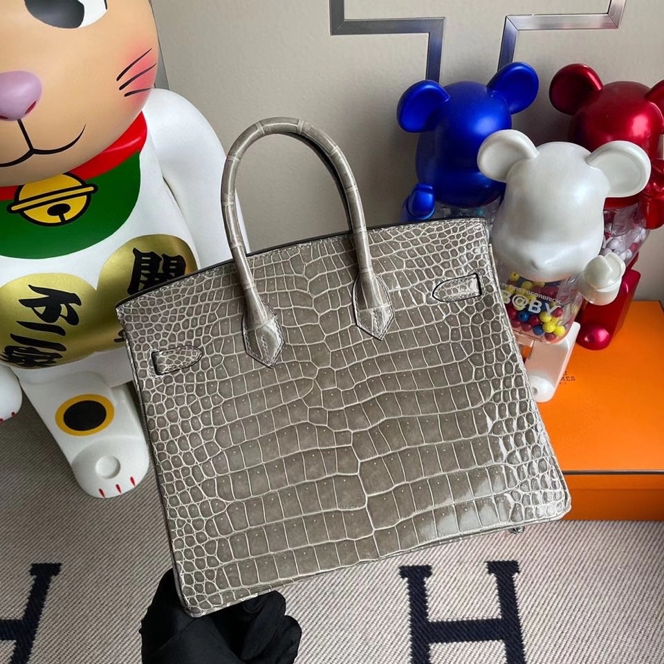 Hermès（爱马仕）Birkin 25cm Porosus shiny 亮面鳄鱼 ck81 斑鸠灰 银扣 顶级手缝