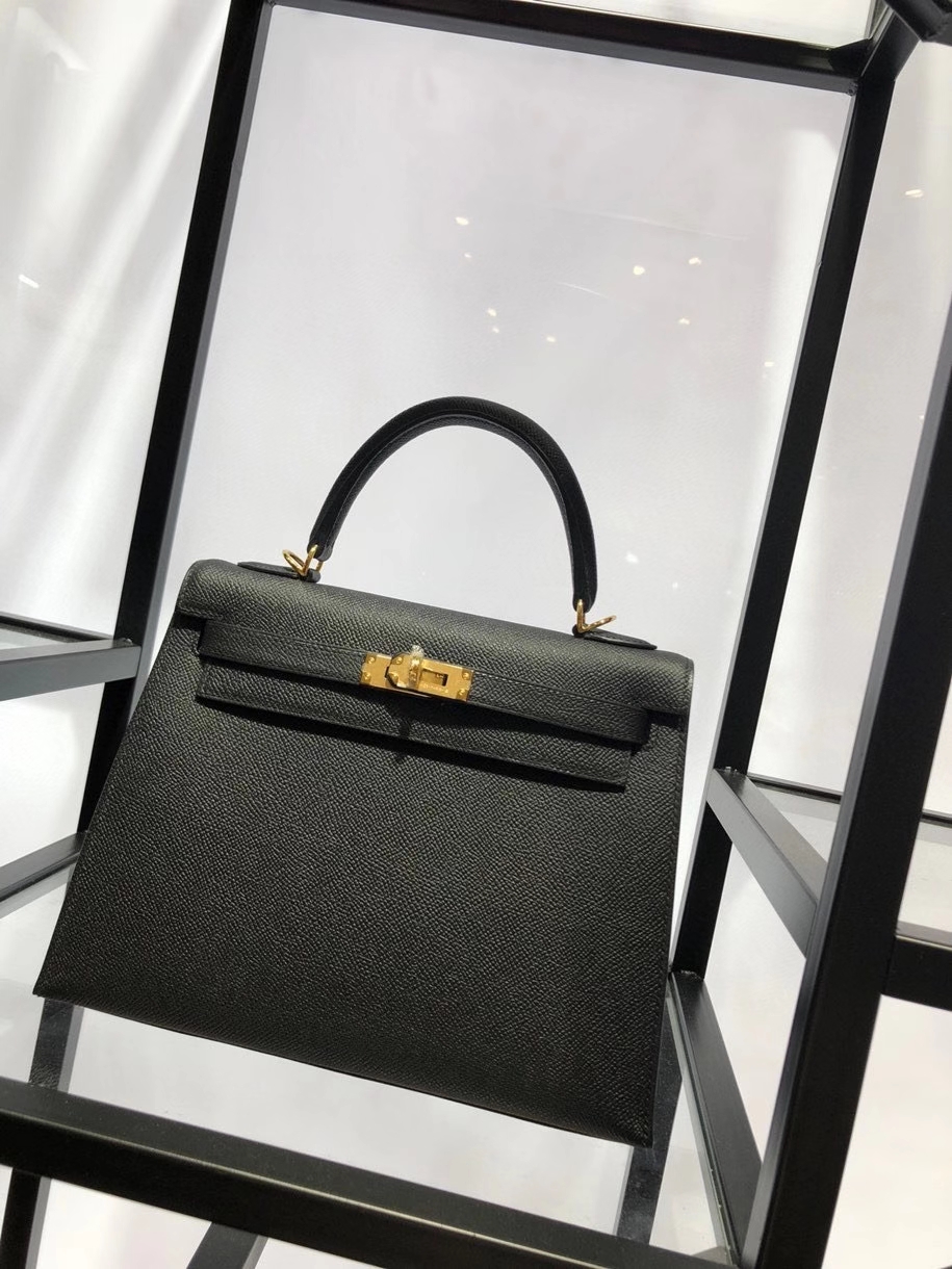 Hermès（爱马仕）Kelly 25cm Epsom 原厂掌纹皮 ck89 黑色 Noir 金扣 顶级手缝 到货