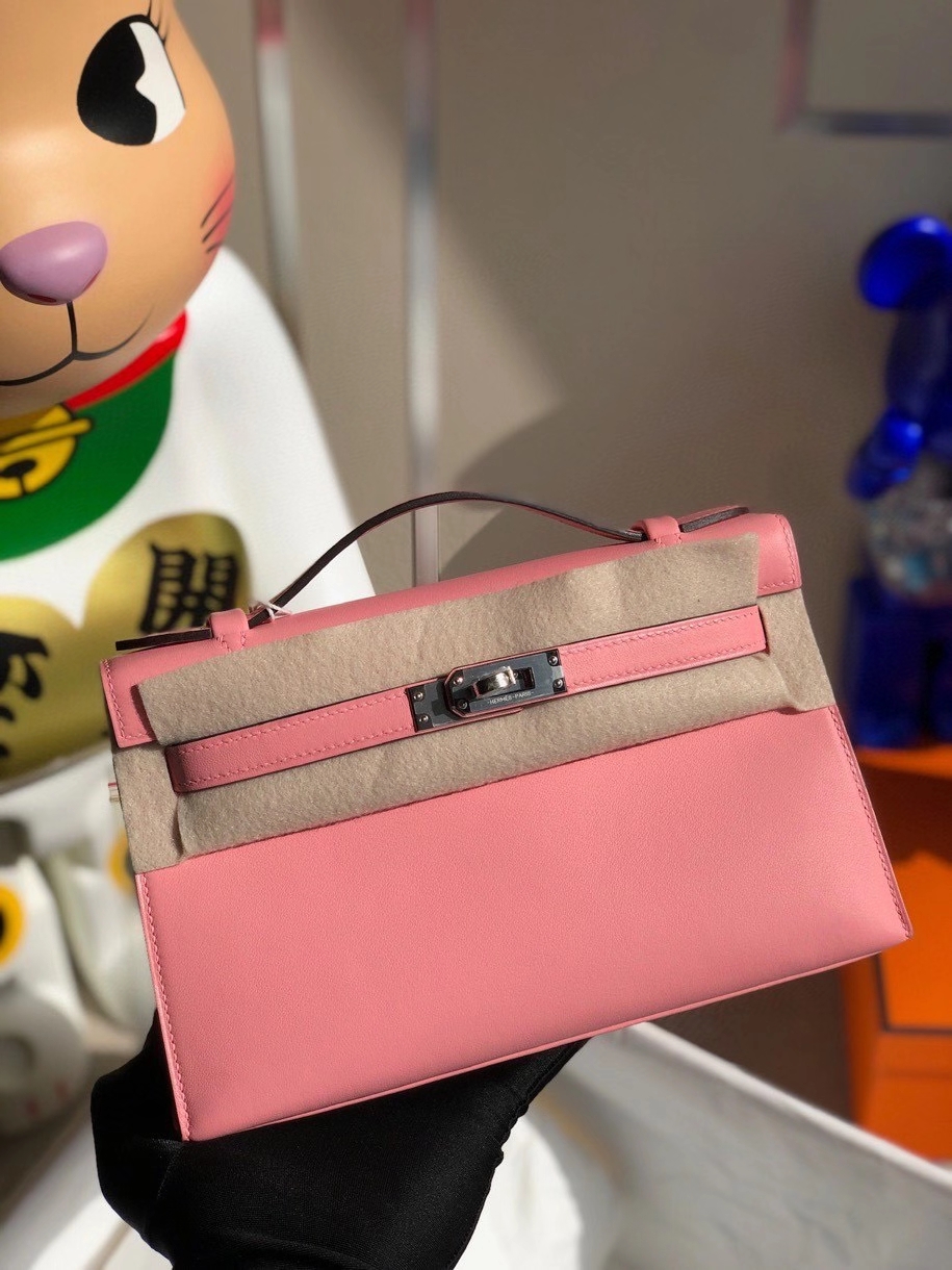 Hermès（爱马仕）Mini kelly swift 1Ｑ奶昔粉 rose confetti 银扣 顶级手缝 手拿包 晚宴包