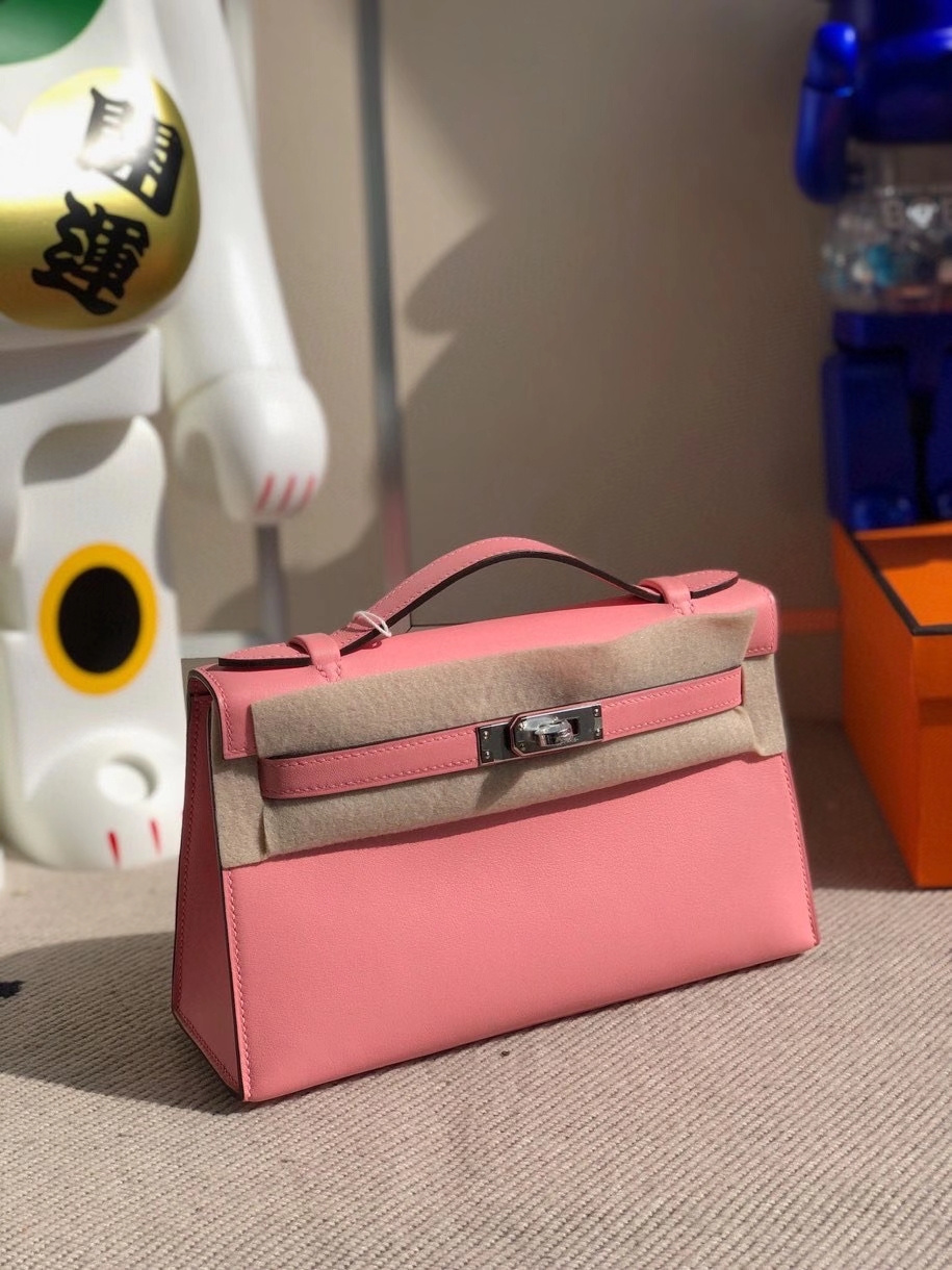 Hermès（爱马仕）Mini kelly swift 1Ｑ奶昔粉 rose confetti 银扣 顶级手缝 手拿包 晚宴包