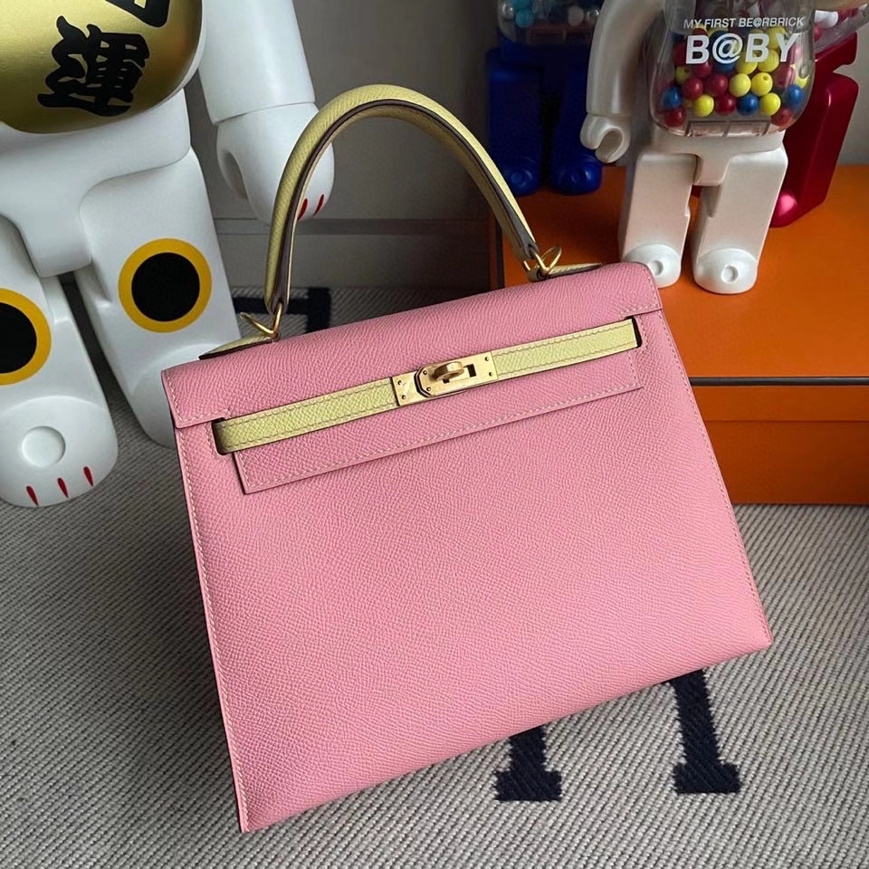 Hermès（爱马仕）Kelly 25cm Epsom 原厂掌纹皮 1Ｑ奶昔粉拼1Z 小鸡黄  拉丝金扣 马蹄印 顶级手缝 现货