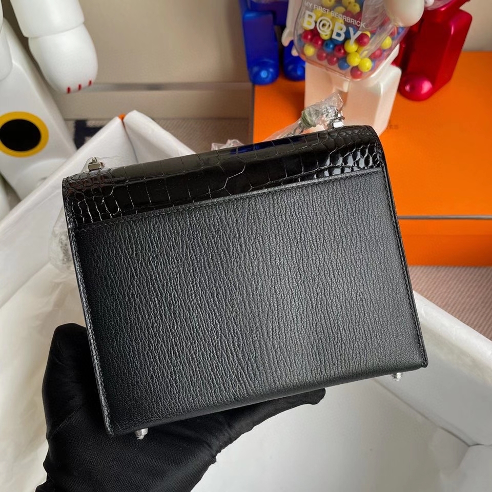 Hermès（爱马仕）Verrou 17cm Chevre 山羊皮拼鳄鱼 黑色 银扣 顶级手缝 定制