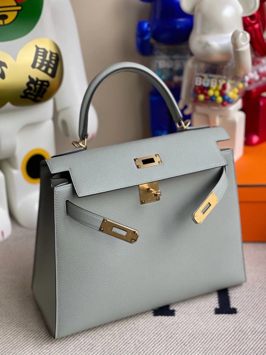 Hermès(爱马仕)Kelly 28cm Epsom 原厂掌纹皮 8U 冰川蓝 金扣 顶级手缝-拉尔森鳄鱼皮具定制 - 爱马仕包包官网 Hermès(爱马仕)Kelly 28cm Epsom 原厂掌纹皮 8U 冰川蓝 金扣 顶级手缝