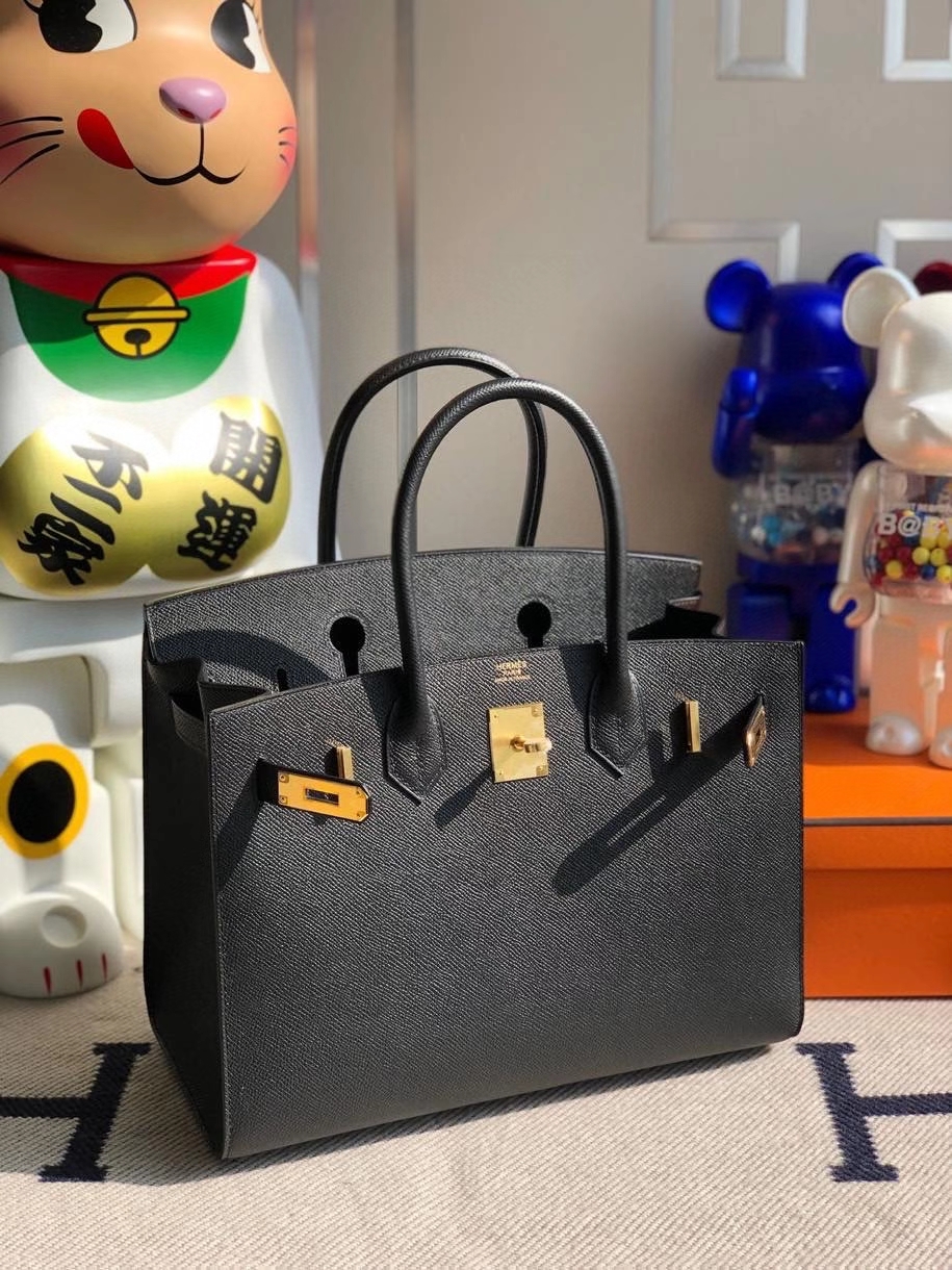 Hermès（爱马仕）Birkin 30cm Epsom 原厂掌纹皮 外缝  ck89 黑色 Noir 金扣 顶级手缝 定制