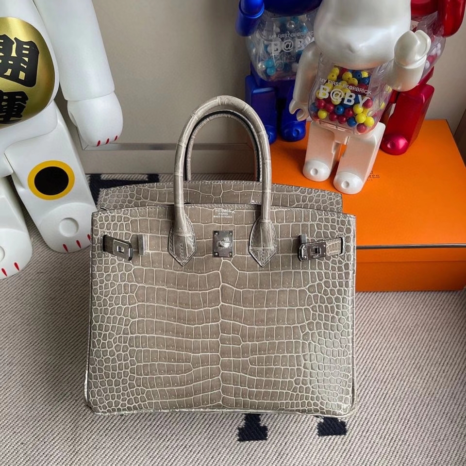 Hermès（爱马仕）Birkin 25cm Porosus shiny 亮面鳄鱼 ck81 斑鸠灰 银扣 顶级手缝