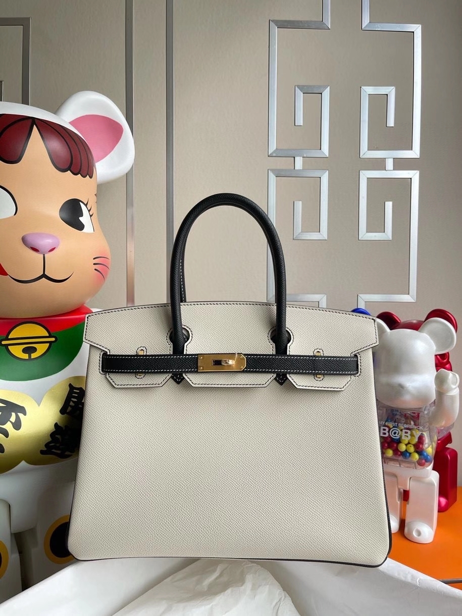 Hermès（爱马仕）Birkin 30cm Epsom 原厂掌纹皮  ck10奶昔白Craie拼 ck89 黑色 Noir 拉丝金扣 马蹄印