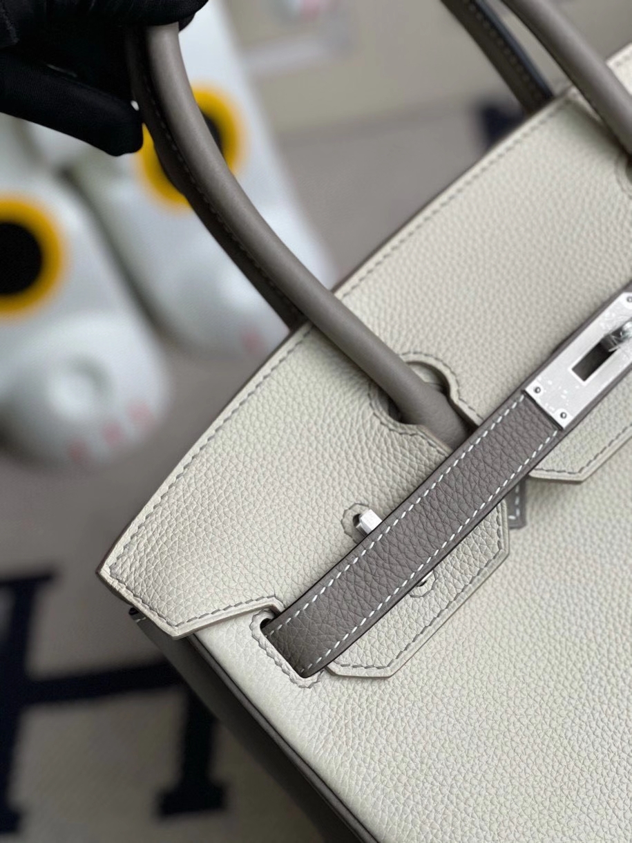 Hermès（爱马仕）Birkin 30cm 原厂小牛皮 ck10 奶昔白拼大象灰 拉丝银扣  马蹄印 顶级手缝