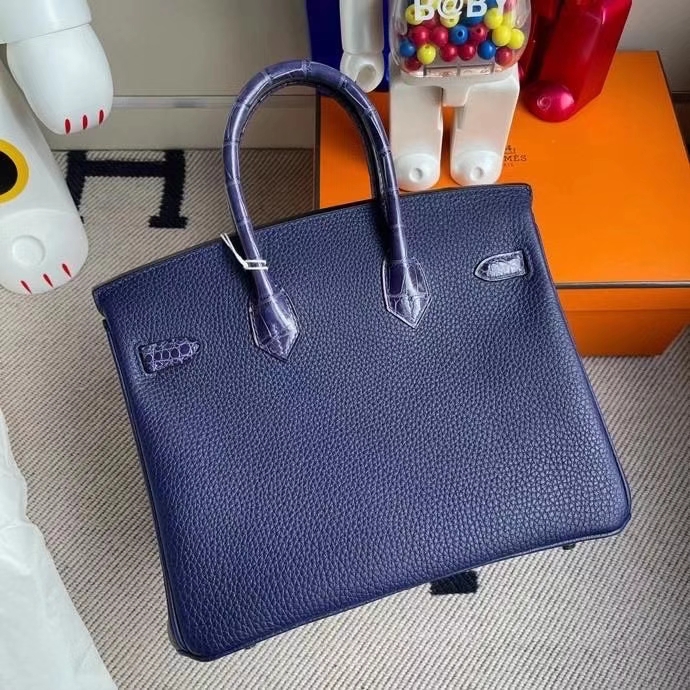Hermès（爱马仕）Touch 系列 Birkin 25cm M3 墨水蓝拼墨水蓝鳄鱼 银扣 顶级手缝