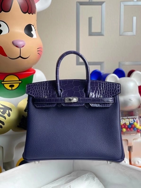 Hermès（爱马仕）Touch 系列 Birkin 25cm M3 墨水蓝拼墨水蓝鳄鱼 银扣 顶级手缝