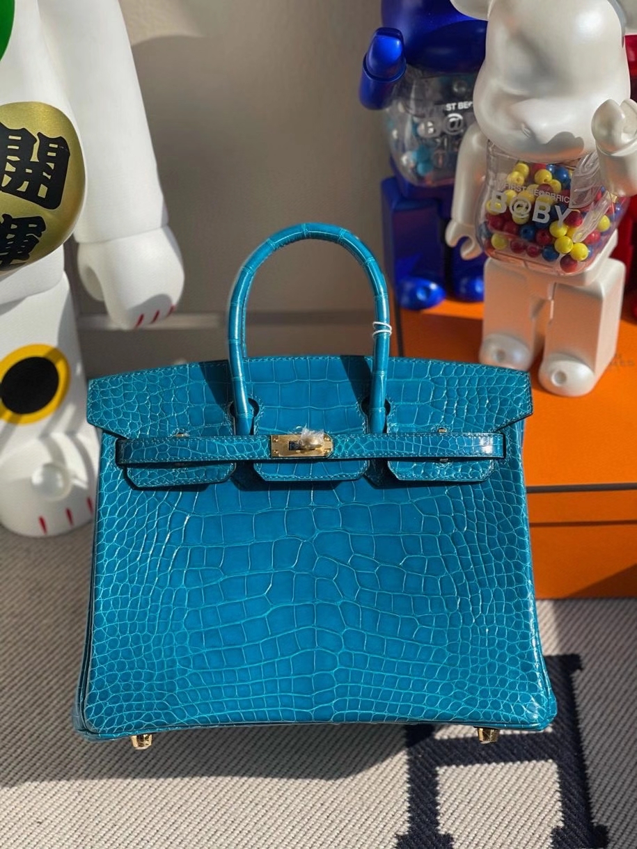 Hermès（爱马仕）Birkin 25cm Alligator shiny 亮面鳄鱼 7w 伊兹密尔蓝 金扣 银扣  顶级手缝 现货