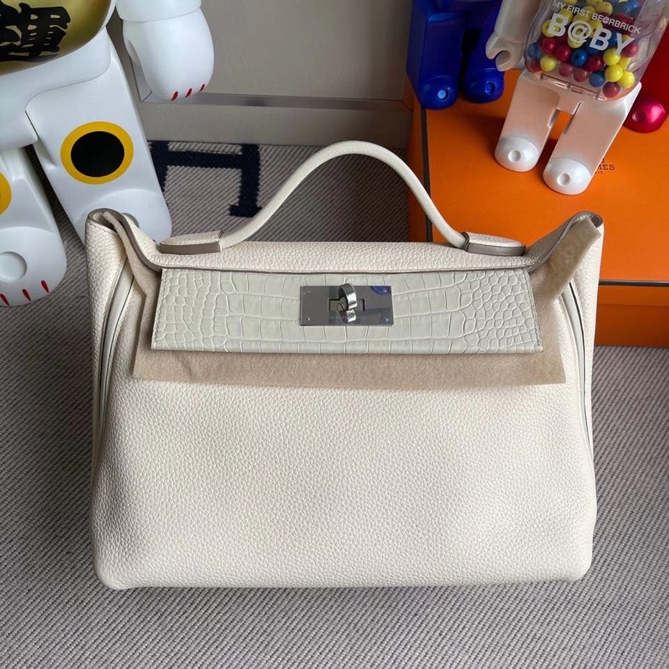 Hermès（爱马仕）2424 29cm ck10 奶昔白拼鳄鱼 银扣 顶级手缝 定制