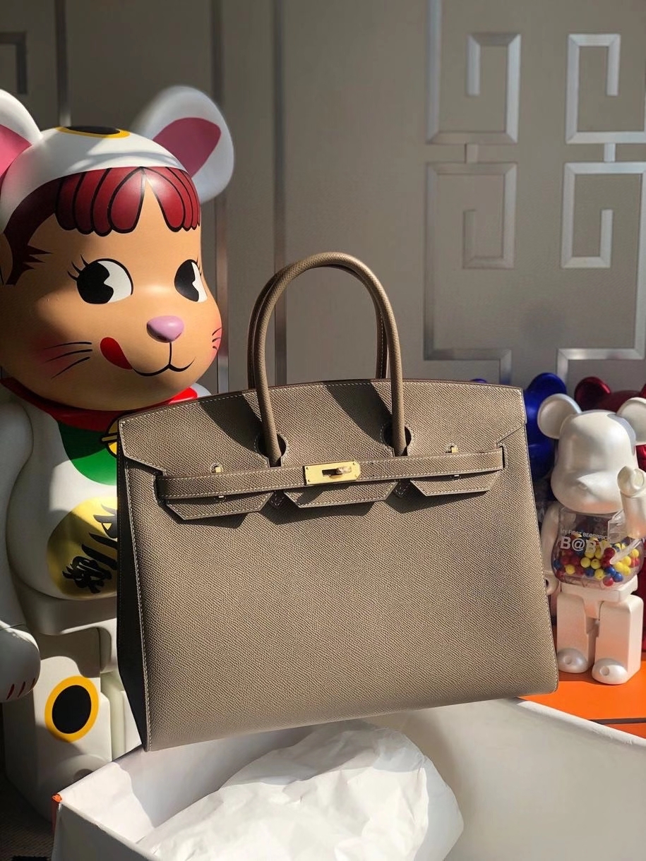 Hermès（爱马仕）Birkin 35cm Epsom 原厂掌纹皮 外缝 ck18 大象灰 Etoupe 金扣 顶级手缝 定制