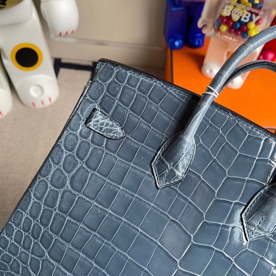 Hermès（爱马仕）Birkin 25cm Crocodile shiny 亮面鳄鱼 N7 风暴蓝 银扣 顶级手缝 定制