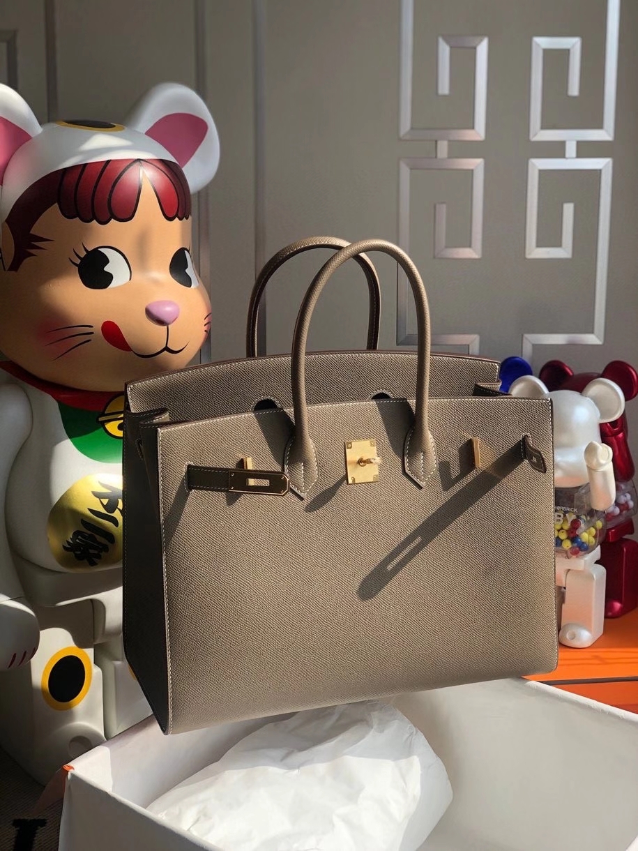 Hermès（爱马仕）Birkin 35cm Epsom 原厂掌纹皮 外缝 ck18 大象灰 Etoupe 金扣 顶级手缝 定制