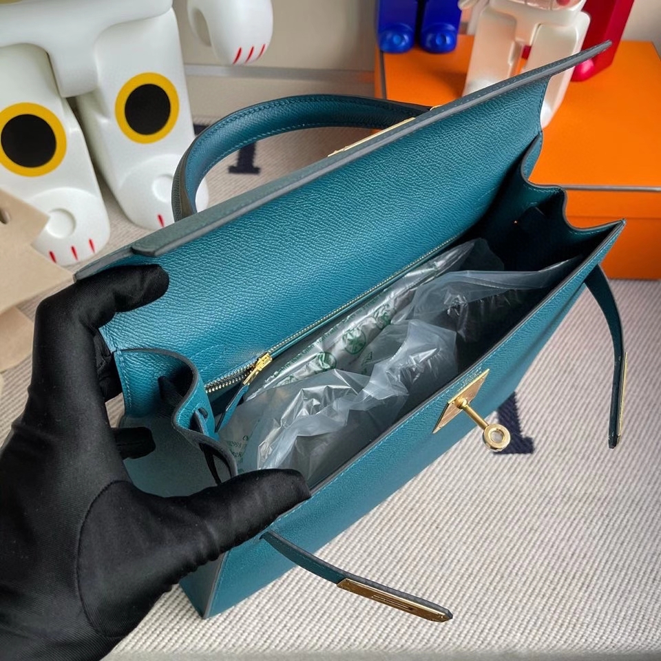 Hermès(爱马仕)Kelly 28cm Epsom 原厂掌纹皮 W0 博斯普鲁斯绿 金扣 顶级手缝-拉尔森鳄鱼皮具定制 - 爱马仕包包官网 Hermès(爱马仕)Kelly 28cm Epsom 原厂掌纹皮 W0 博斯普鲁斯绿 金扣 顶级手缝