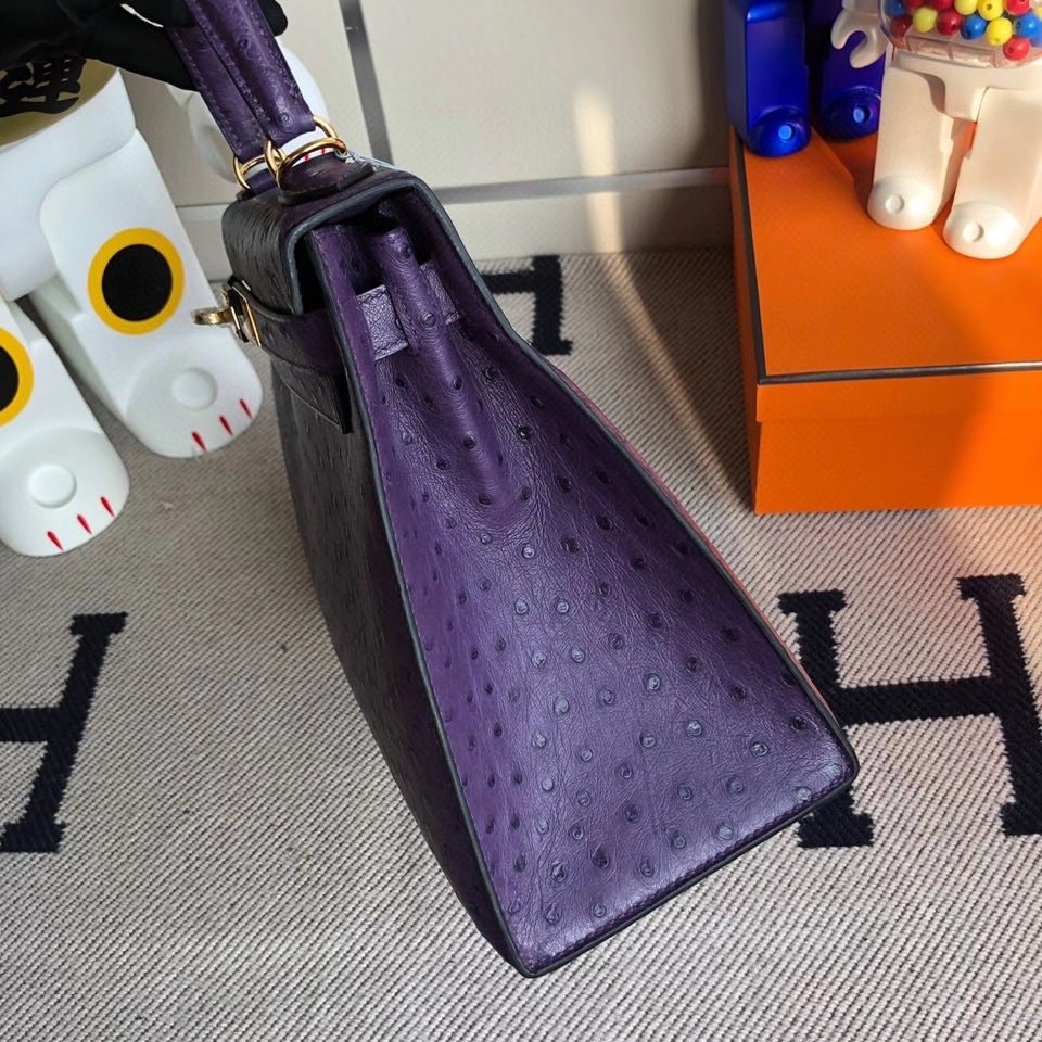 Hermès（爱马仕）Kelly 25cm Ostrich kk鸵鸟 葡萄紫 金扣 顶级手缝 现货
