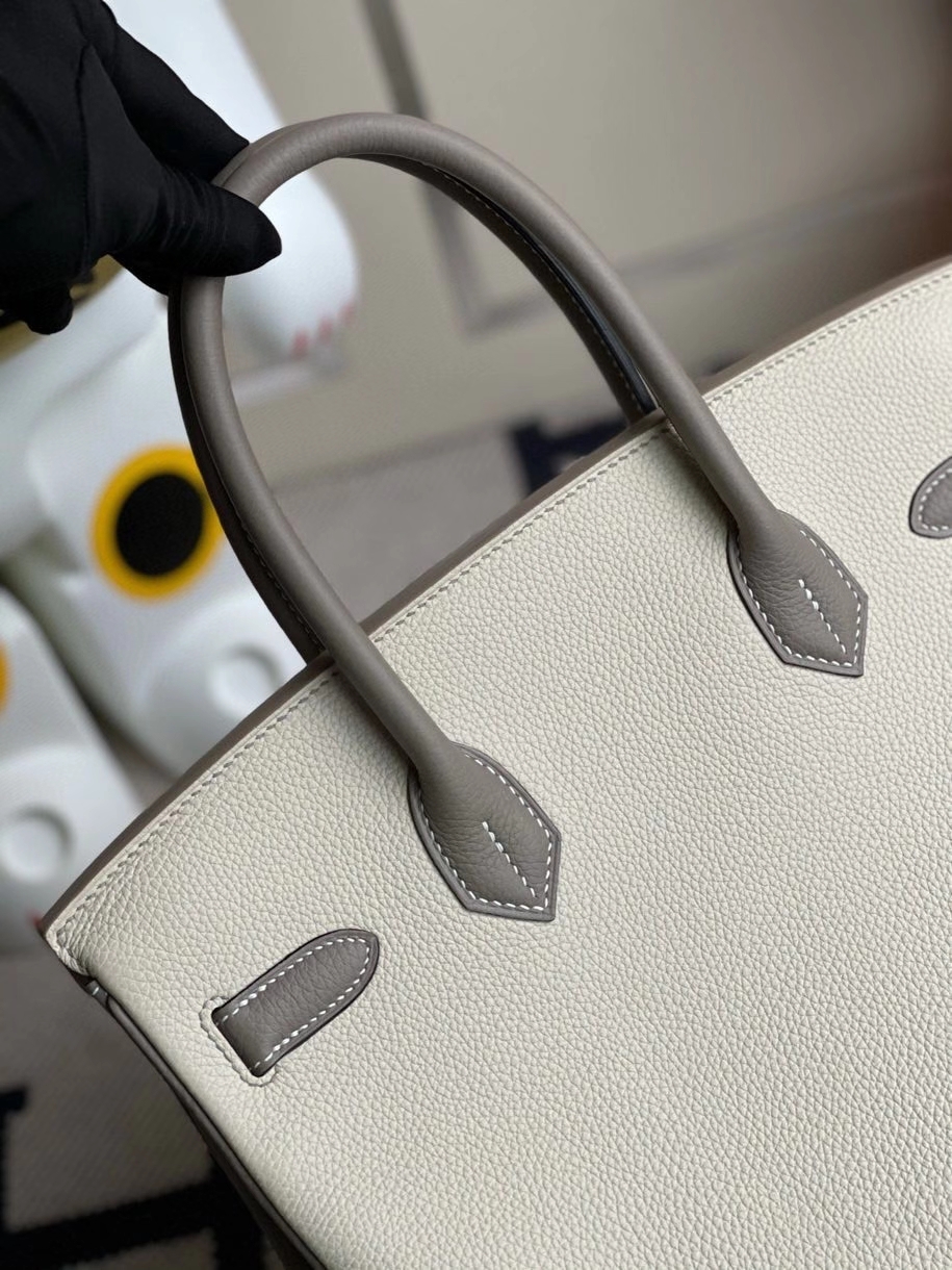 Hermès（爱马仕）Birkin 30cm 原厂小牛皮 ck10 奶昔白拼大象灰 拉丝银扣  马蹄印 顶级手缝