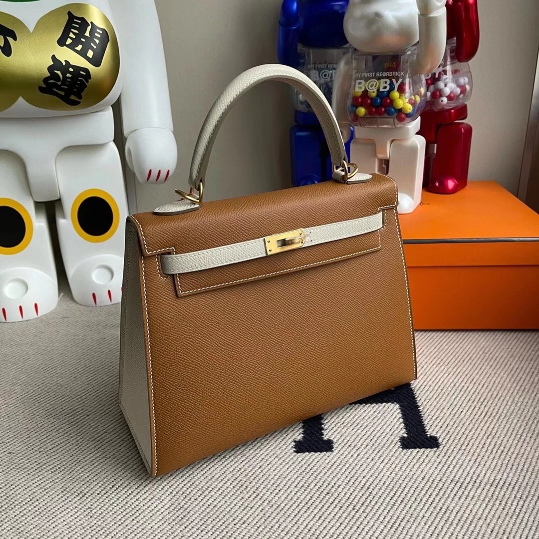 Hermès（爱马仕）Kelly 25cm Hss Epsom Ck37金棕色Ck10奶昔白 顶级工艺 全手工缝制 拉丝金扣