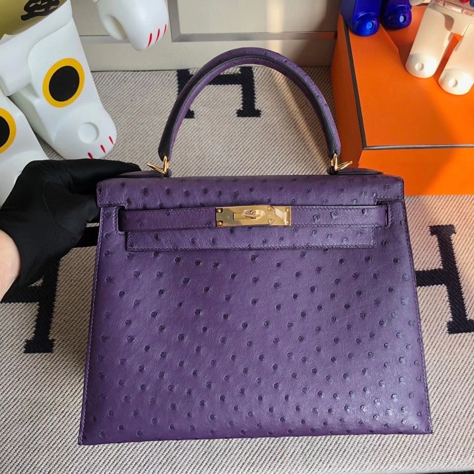 Hermès（爱马仕）Kelly 25cm Ostrich kk鸵鸟 葡萄紫 金扣 顶级手缝 现货
