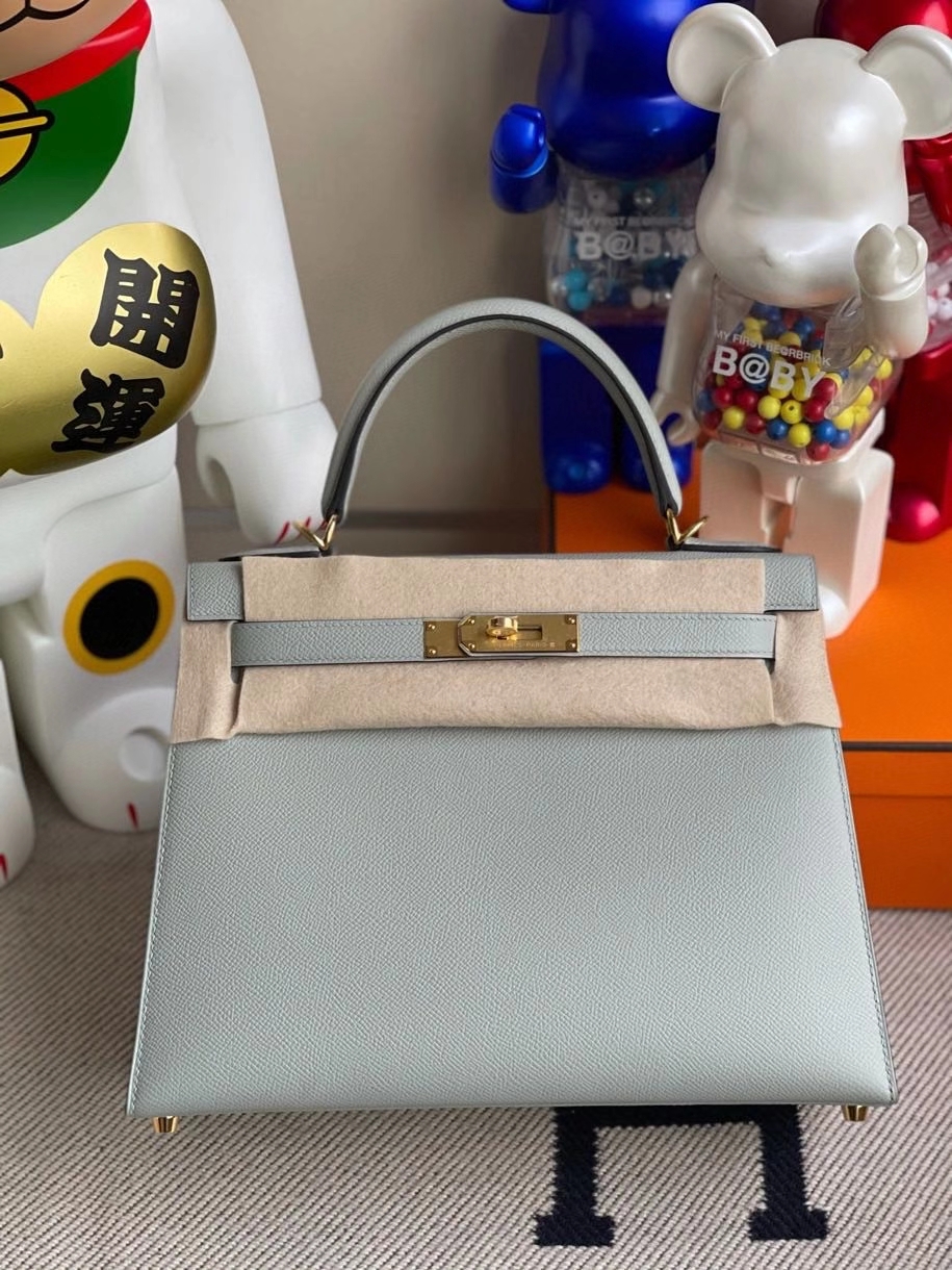 Hermès（爱马仕）Kelly 28cm Epsom 原厂掌纹皮 8U 冰川蓝 金扣 顶级手缝
