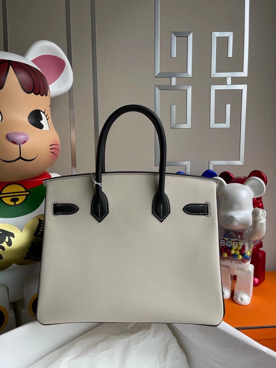 Hermès（爱马仕）Birkin 30cm Epsom 原厂掌纹皮  ck10奶昔白Craie拼 ck89 黑色 Noir 拉丝金扣 马蹄印