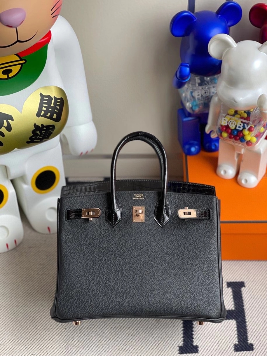 Hermès（爱马仕）Touch系列 Birkin 25cm 黑色 拼亮面鳄鱼 玫瑰金扣 Rose gold