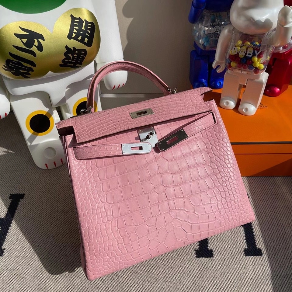 Hermès（爱马仕）Kelly 28cm Alligator matt 雾面鳄鱼 5p 樱花粉 银扣 正品五金 顶级手缝 现货