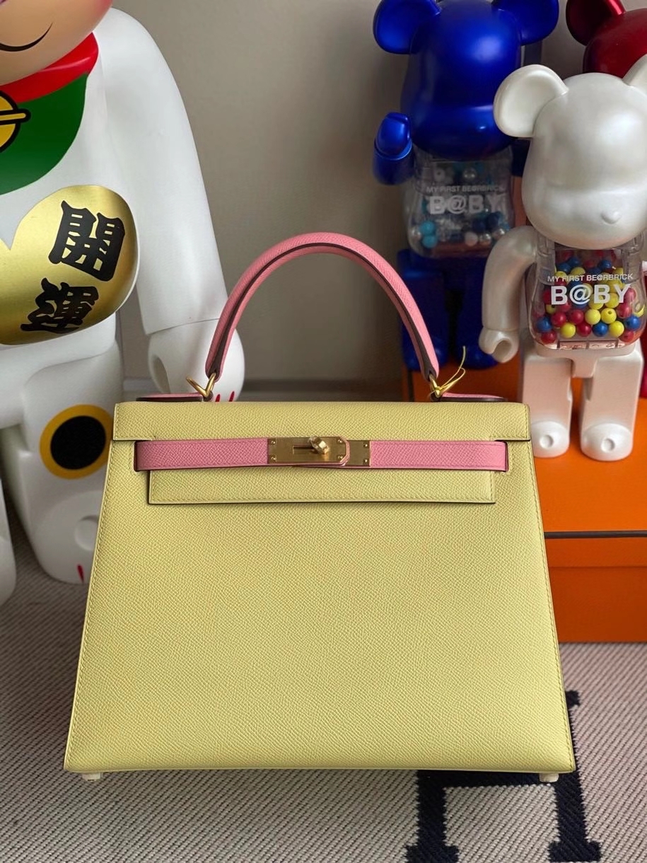 Hermès（爱马仕）kelly 28cm Epsom 原厂掌纹皮 1Z 小鸡黄拼1Ｑ奶昔粉 拉丝金扣 马蹄印 顶级手缝