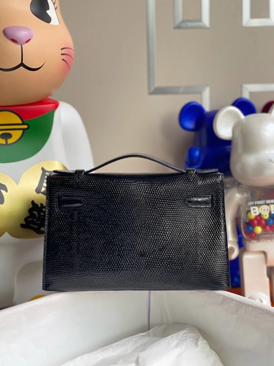 Hermès（爱马仕）Mini kelly pochette 22cm Lizard 进口亮面蜥蜴 ck89 黑色 Noir 银扣 晚宴包
