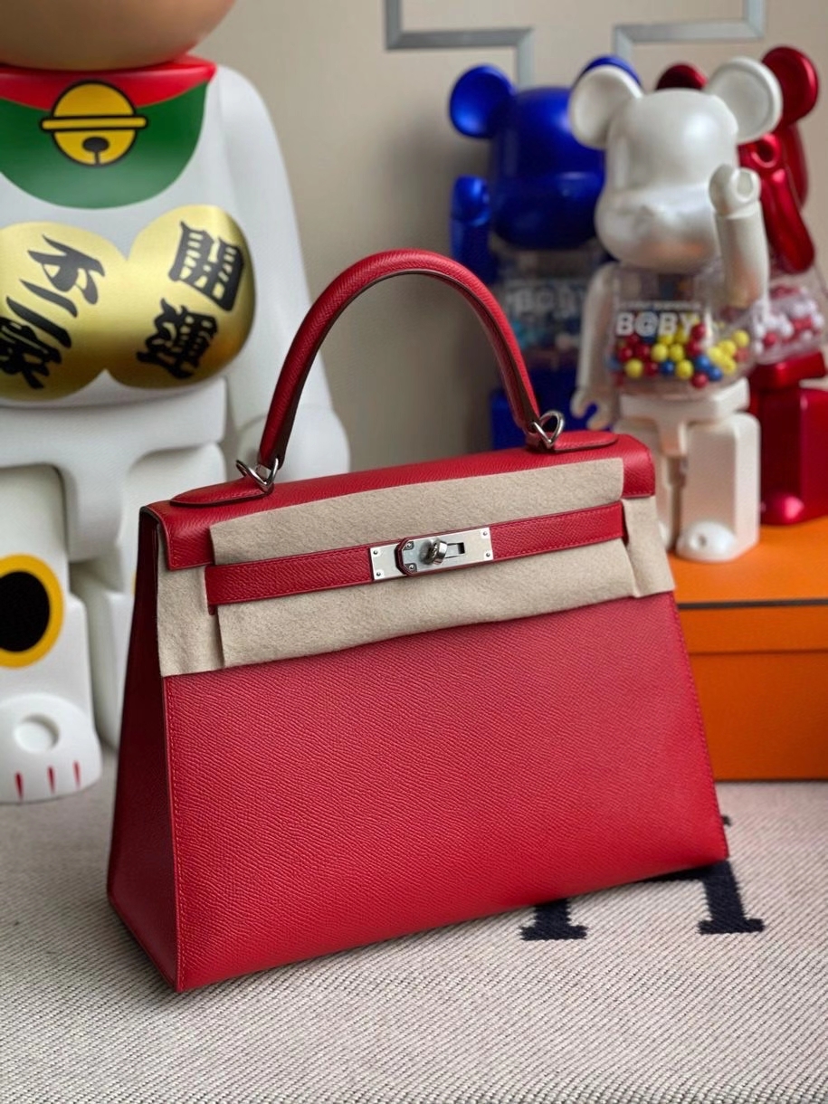 Hermès（爱马仕）Kelly 28cm Epsom 原厂掌纹皮 Q5 国旗红 银扣 顶级手缝