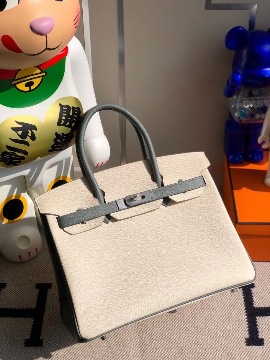 Hermès（爱马仕）Birkin 30cm Epsom 原厂掌纹皮 ck10 奶昔白Craie 拼 cc63 杏绿色 拉丝银扣 马蹄印 顶级手缝