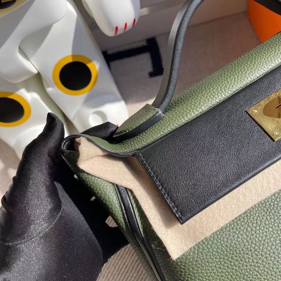 Hermès（爱马仕）2424 29cm 橄榄绿拼黑色 金扣 顶级手缝