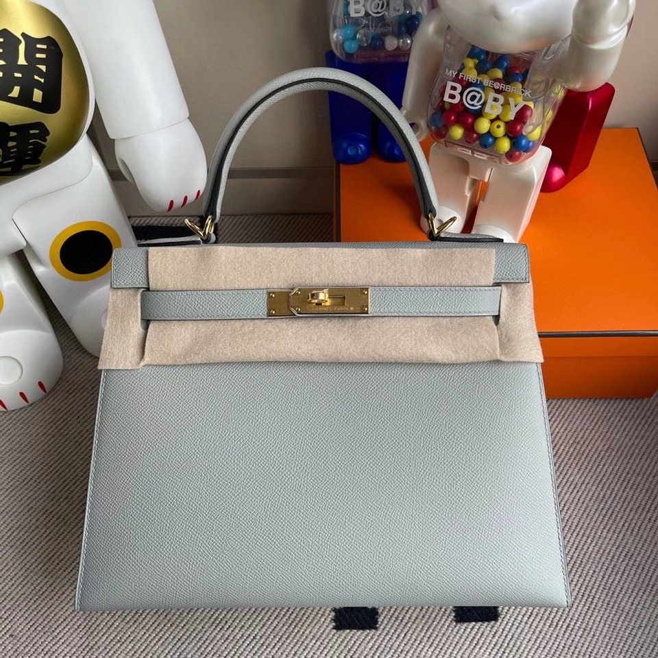 Hermès（爱马仕）Kelly 28cm Epsom 原厂掌纹皮 8U 冰川蓝 金扣 顶级手缝