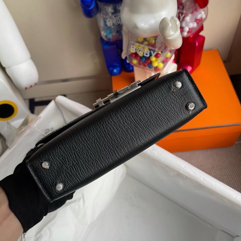 Hermès（爱马仕）Verrou 17cm Chevre 山羊皮拼鳄鱼 黑色 银扣 顶级手缝 定制