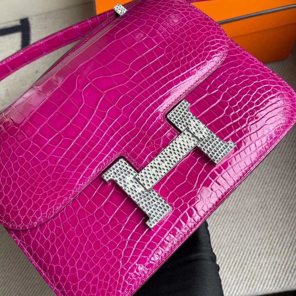 Hermès（爱马仕）Constance 24cm Alligator shiny 亮面鳄鱼J5 天方夜谭粉紫 蜥蜴扣 银扣 顶级手缝 定制
