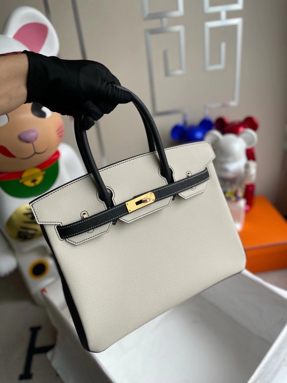 Hermès（爱马仕）Birkin 30cm Epsom 原厂掌纹皮  ck10奶昔白Craie拼 ck89 黑色 Noir 拉丝金扣 马蹄印