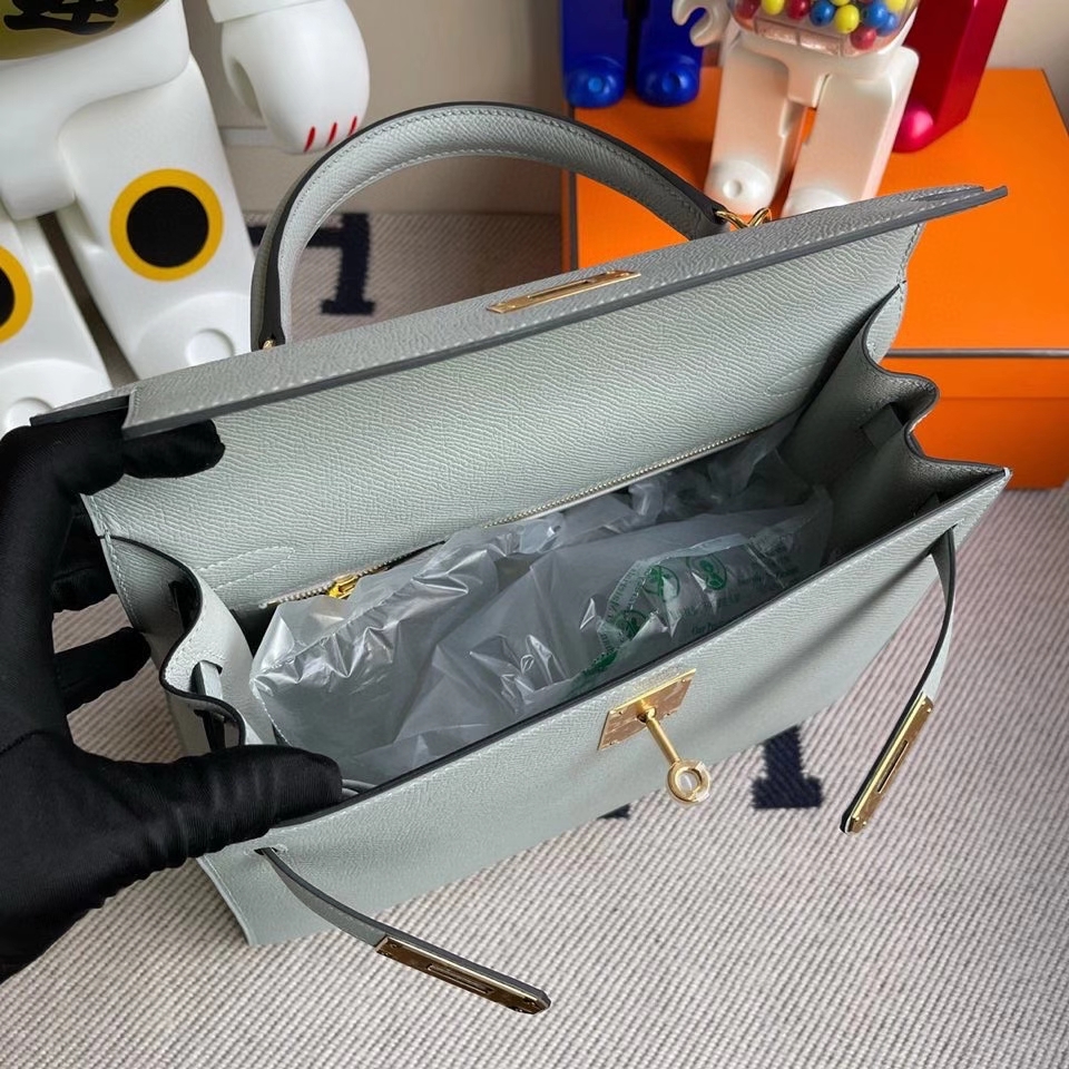 Hermès（爱马仕）Kelly 28cm Epsom 原厂掌纹皮 8U 冰川蓝 金扣 顶级手缝