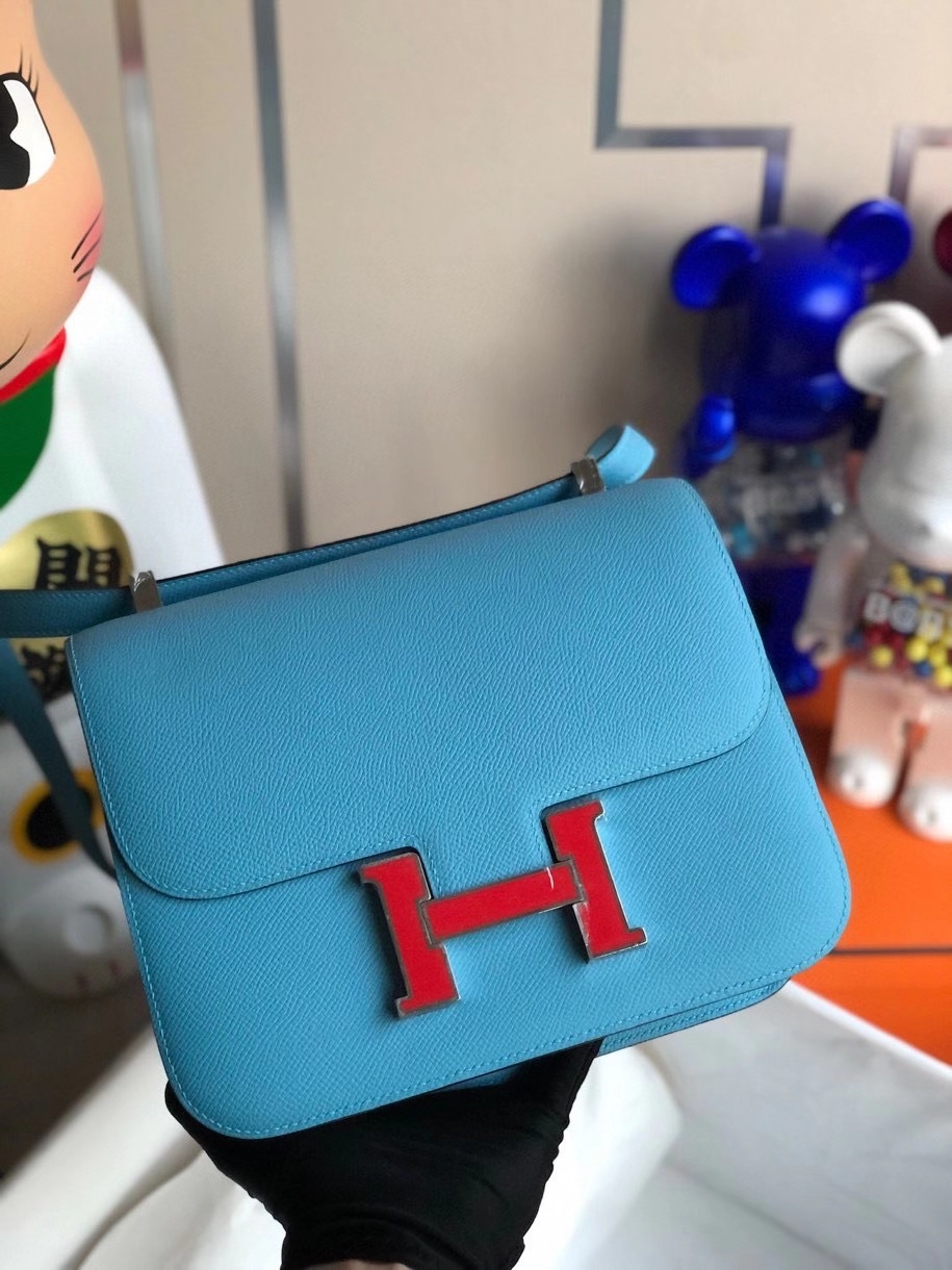 Hermès（爱马仕）Constance 24cm Epsom 原厂掌纹皮 北方蓝拼红色 珐琅扣