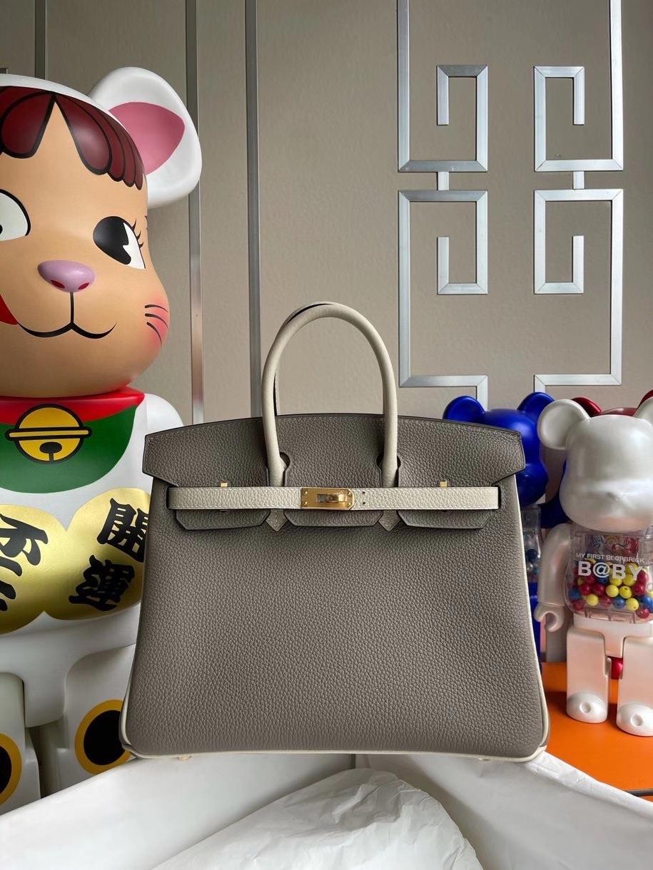 Hermès（爱马仕）Birkin 25cm 原厂小牛皮 togo M8 沥青灰 拼ck10 奶昔白  拉丝金扣 马蹄印 顶级手缝