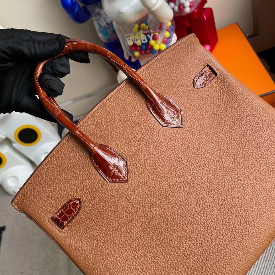 Hermès（爱马仕）Touch系列 Birkin 25cm ck37金棕色 gold 拼亮面鳄鱼蜜糖棕 银扣 顶级手缝  定制