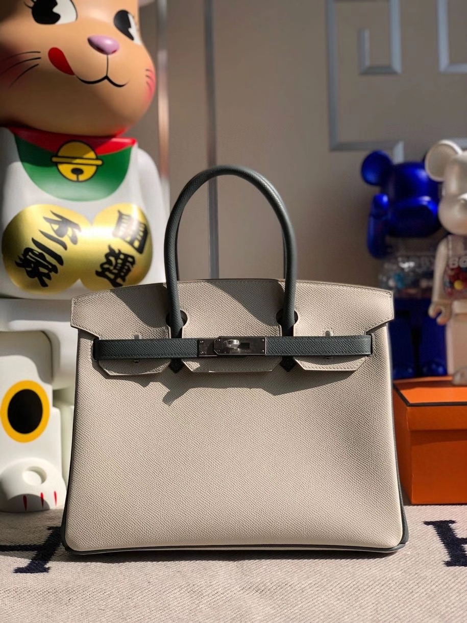 Hermès（爱马仕）Birkin 30cm Epsom 原厂掌纹皮 ck10 奶昔白Craie 拼 cc63 杏绿色 拉丝银扣 马蹄印 顶级手缝