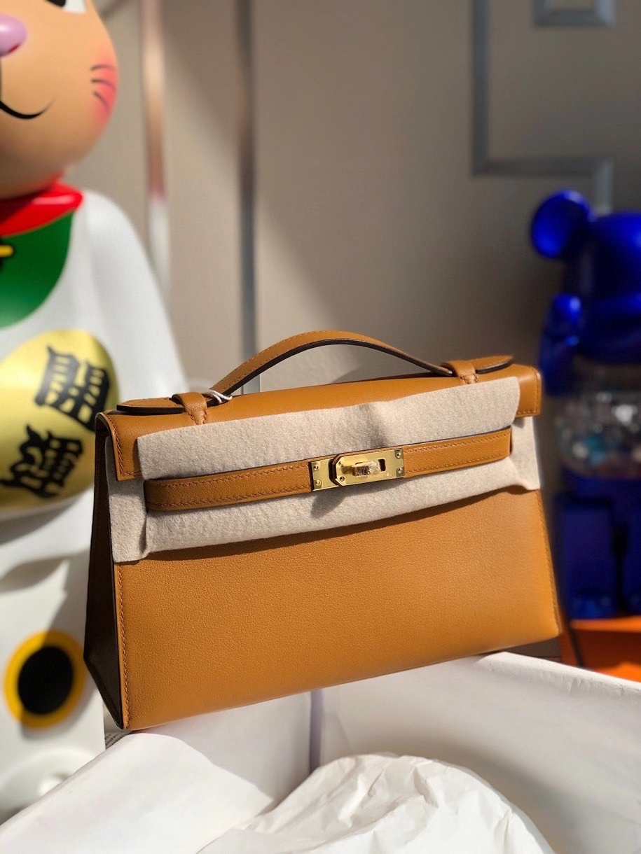 Hermès（爱马仕）Mini kelly swift  2S 芝麻黄 Sesame 金扣 顶级手缝 手拿包 晚宴包