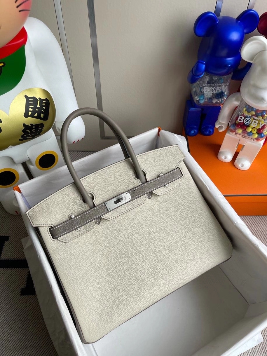Hermès（爱马仕）Birkin 30cm 原厂小牛皮 ck10 奶昔白拼大象灰 拉丝银扣  马蹄印 顶级手缝